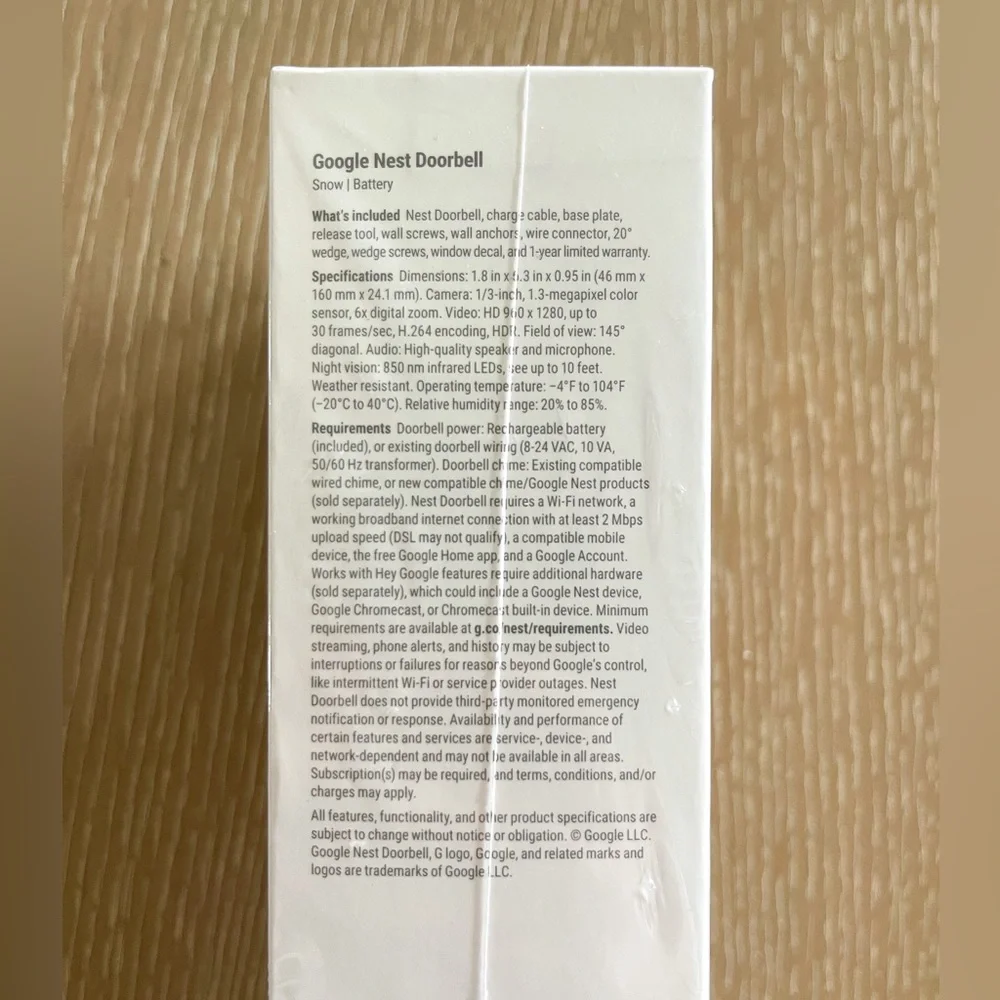 NEW Google Nest Security Smart Video Doorbell (Battery) - Snow